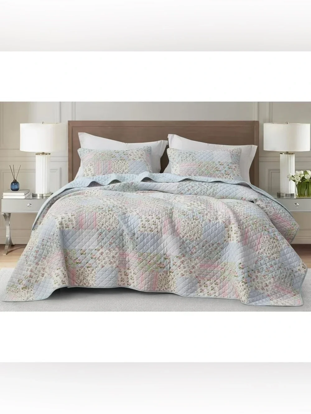 Quilted Pastel Floral Full 3 piece Bedspread Set